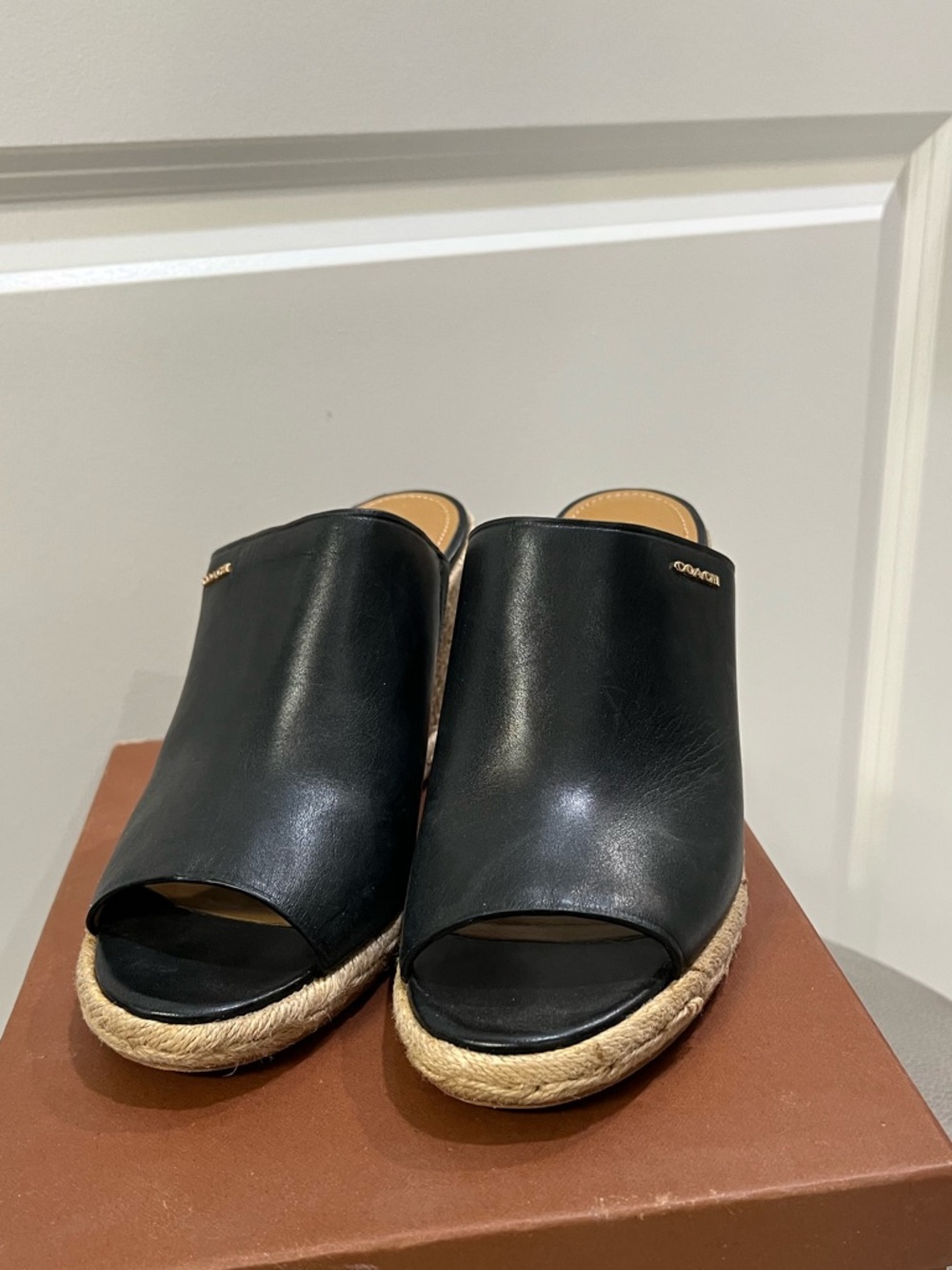 Coach Black Leather Espadrille Mule Sandals